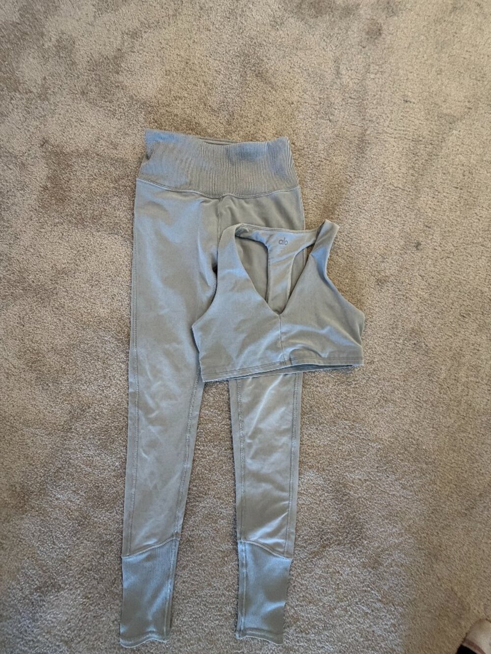 Alo Yoga Alosoft Lounge Set S Blue Grey High Waist Leggings + V-Neck Bra